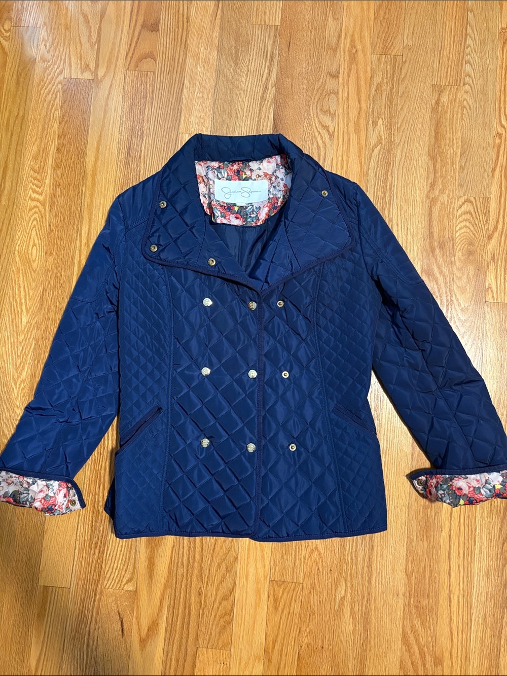 Jessica Simpson Quilted Navy Women's Jacket with Floral Trim